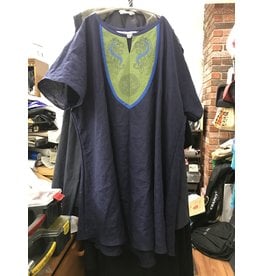 Cloakmakers.com J774 - Dark Blue Short Sleeve Tunic w/Celtic Horse and Round Knot Embroidery in Blues on Green Panel w/ Bright Blue Edging