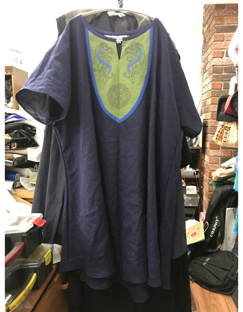 Cloak and Dagger Creations J774 - Dark Blue Short Sleeve Tunic w/Celtic Horse and Round Knot Embroidery in Blues on Green Panel w/ Bright Blue Edging