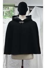 Cloakmakers.com 4755 - Short Black 100% Wool Shape Shoulder Cloak, Grey Hood Lining, Pewter Clasp