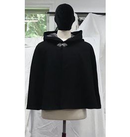 Cloak and Dagger Creations 4755 - Short Black 100% Wool Shape Shoulder Cloak, Grey Hood Lining, Pewter Clasp