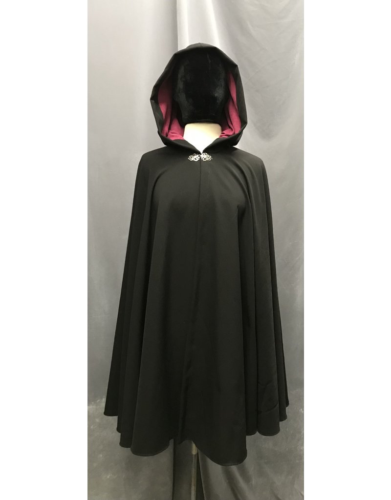 Cloakmakers.com 4735- Washable Black Cloak w/Dark Pink Hood Lining, Pewter Clasp