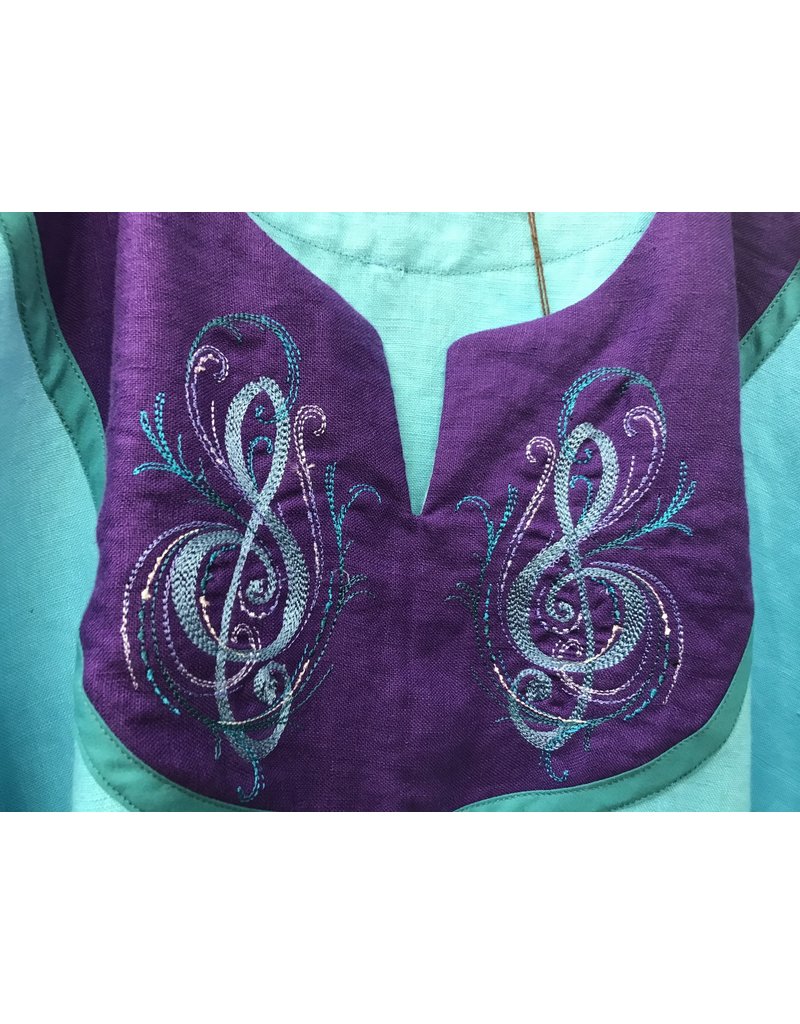 Cloak and Dagger Creations G1120 - Turquoise Linen Sleeveless Long Tunic w/ Side Slits, Musical Embroidery on Purple Yoke