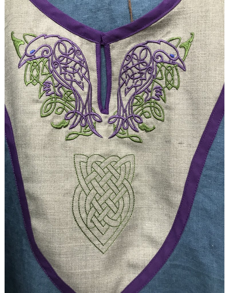 Cloakmakers.com J773 - Blue Linen Tunic w/Raven and Heart Knot Embroidery on Grey Collar, Purple Edging