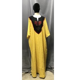 Cloakmakers.com G1122 - Yellow Linen Long Tunic w/Pockets XXXL, Black Collar Embroidered w/Wolves and Celtic Square Knot