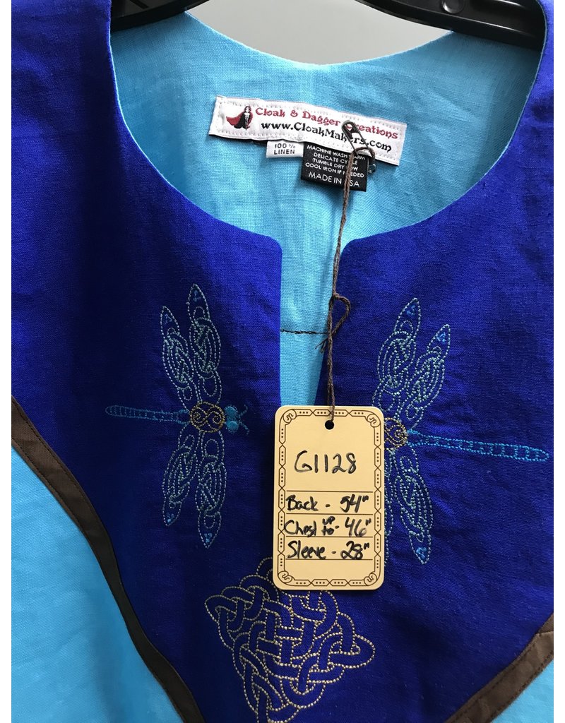 Cloak and Dagger Creations G1128 - Turquoise Linen Gown, Dropped Sleeves, Dragonfly and Square Knot Embroidery on Blue Yoke