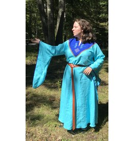 Cloakmakers.com G1128 - Turquoise Linen Gown, Dropped Sleeves, Dragonfly and Square Knot Embroidery on Blue Yoke