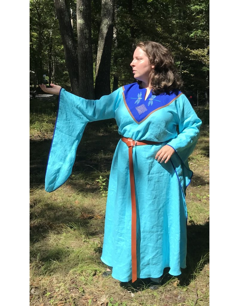 Cloakmakers.com G1128 - Turquoise Linen Gown, Dropped Sleeves, Dragonfly and Square Knot Embroidery on Blue Yoke