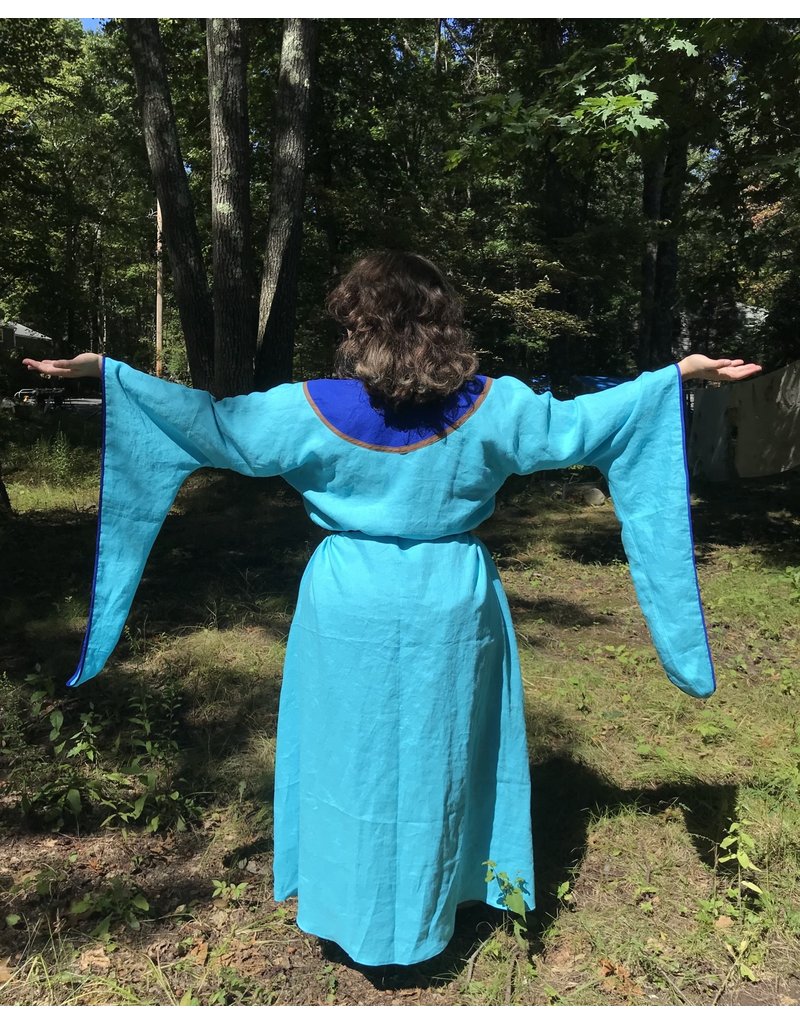 Cloakmakers.com G1128 - Turquoise Linen Gown, Dropped Sleeves, Dragonfly and Square Knot Embroidery on Blue Yoke
