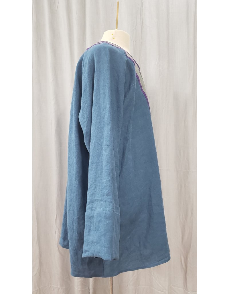 J773 - Blue Linen Tunic w/Raven and Heart Knot Embroidery on Grey 