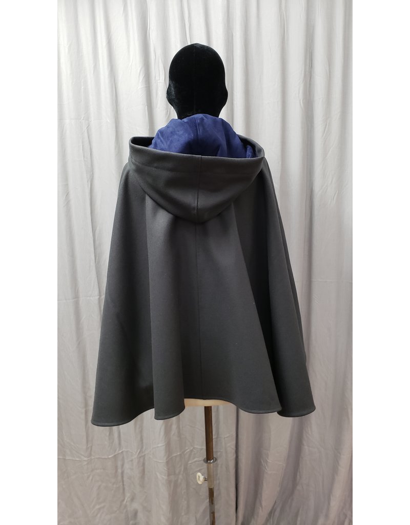 Cloak and Dagger Creations 4791 - Grey Shaped Shoulder Woolen Cloak, Blue Hood Lining, Pewter Clasp, Pockets
