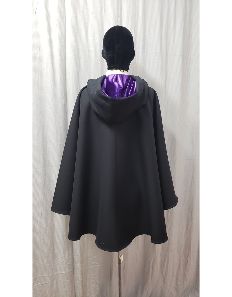 Cloak and Dagger Creations 4794 - Short Black Winter Cloak, Purple Hood Lining, Pewter Clasp