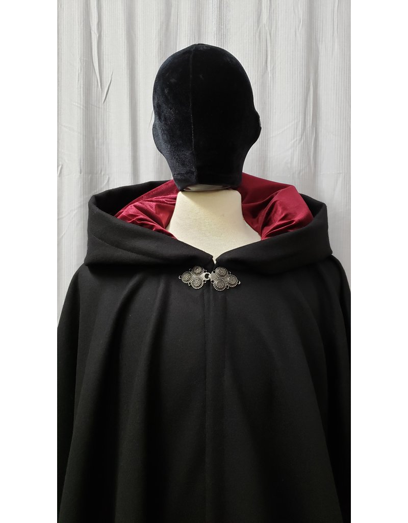 Cloakmakers.com 4797 - Black 100% Wool Cloak, Dark Red Hood Lining, Pewter Clasp