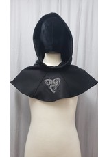 Cloak and Dagger Creations H357 - Black Wool Hooded Cowl with Triskele Cat Embroidery