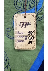 Cloakmakers.com J774 - Dark Blue Short Sleeve Tunic w/Celtic Horse and Round Knot Embroidery in Blues on Green Panel w/ Bright Blue Edging