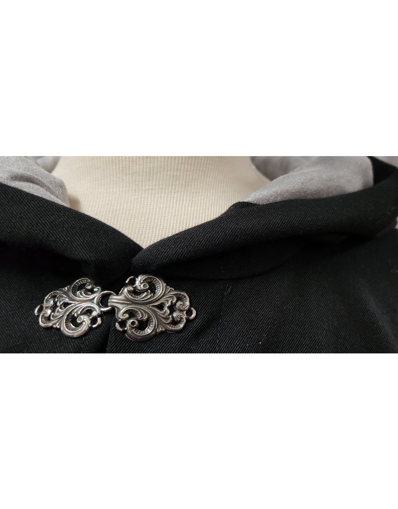Cloakmakers.com 4818 - Washable Black Wool Cloak, Grey Hood Lining, Pewter Clasp