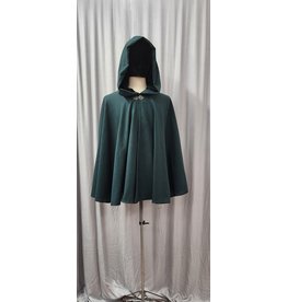 Cloakmakers.com 4819 - Washable Short Green Woolen Cloak, w/Pockets, Green Hood Lining, Pewter Clasp