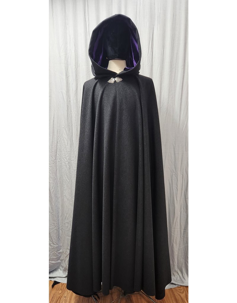 Cloakmakers.com 4825 - Charcoal Grey 100% Wool Long Cloak, Purple Hood Lining