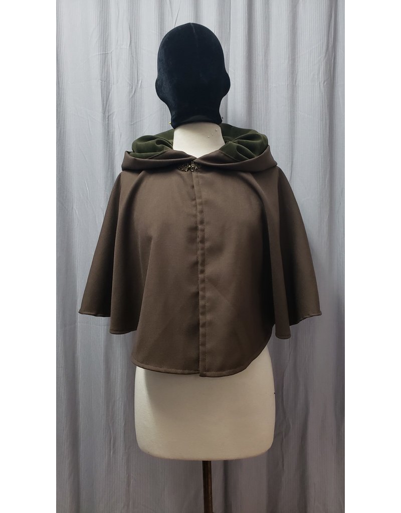 Cloakmakers.com 4827 - Short Brown Woolen Capelet w/Pockets, Olive Green Hood Lining
