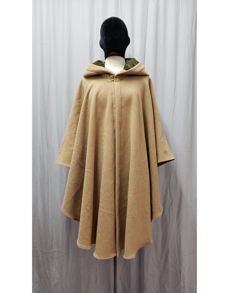 Cloak and Dagger Creations 4831 - Golden Tan Wool Ruana, Olive Green Hood Lining