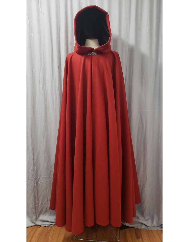 Cloak and Dagger Creations 4843 - Extra Long Madder Red Wool Winter Cloak, Black Hood Lining
