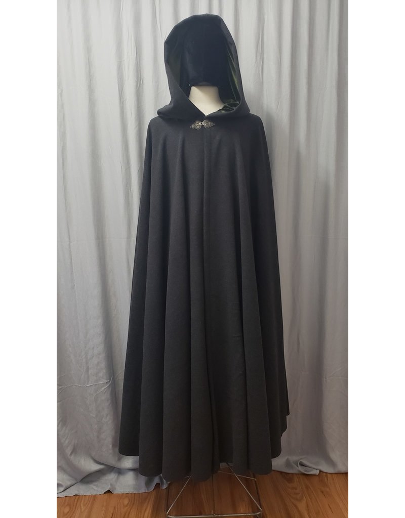 Cloakmakers.com 4859 - Long Dark Grey Woolen Cloak, Green Hood Lining