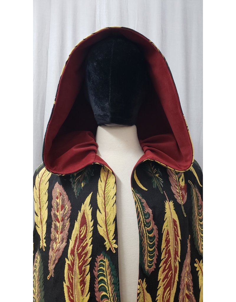 Cloakmakers.com J787 - Feather Tapestry Long Vest w/Pockets, Red Hood Lining