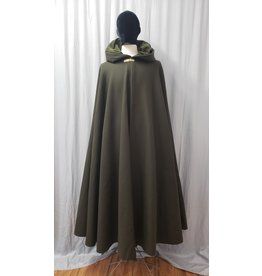 Cloakmakers.com 4871 - Long Seaweed Green Wool Cloak, Green Hood Lining, Brass Clasp