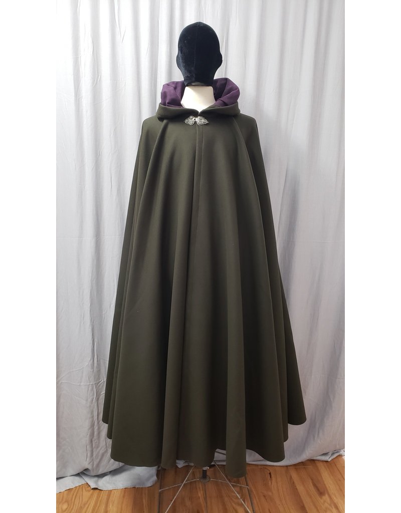Cloakmakers.com 4874 - Long Seaweed Green Wool Cloak, Purple Hood Lining, Pewter Clasp