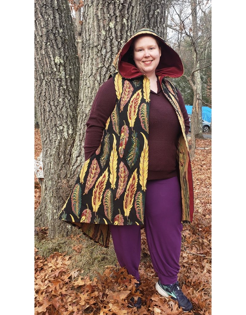 Cloakmakers.com J787 - Feather Tapestry Long Vest w/Pockets, Red Hood Lining