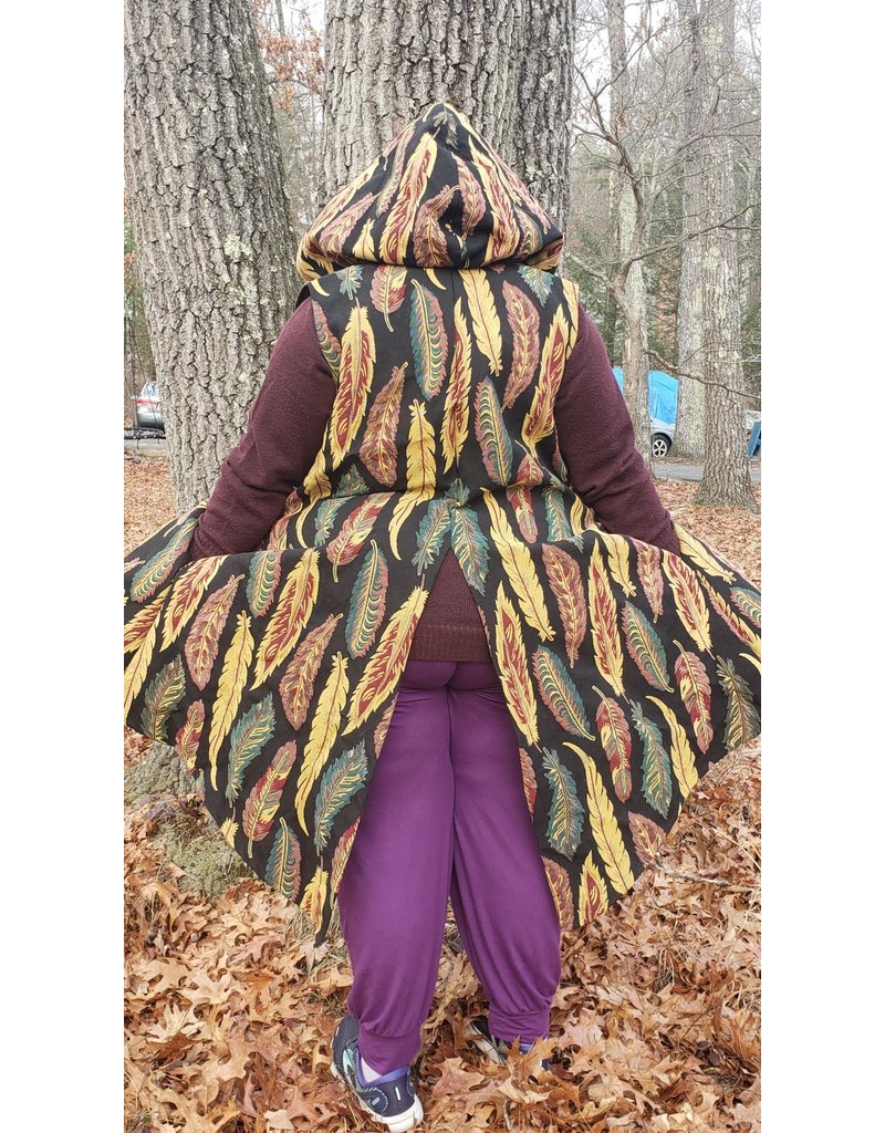 Cloakmakers.com J787 - Feather Tapestry Long Vest w/Pockets, Red Hood Lining