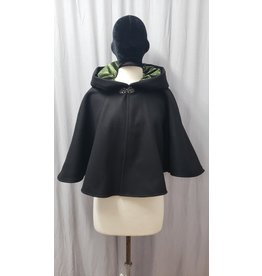 Cloak and Dagger Creations 4879 - Black Wool Capelet w/ Pockets, Green Velvet Hood Lining