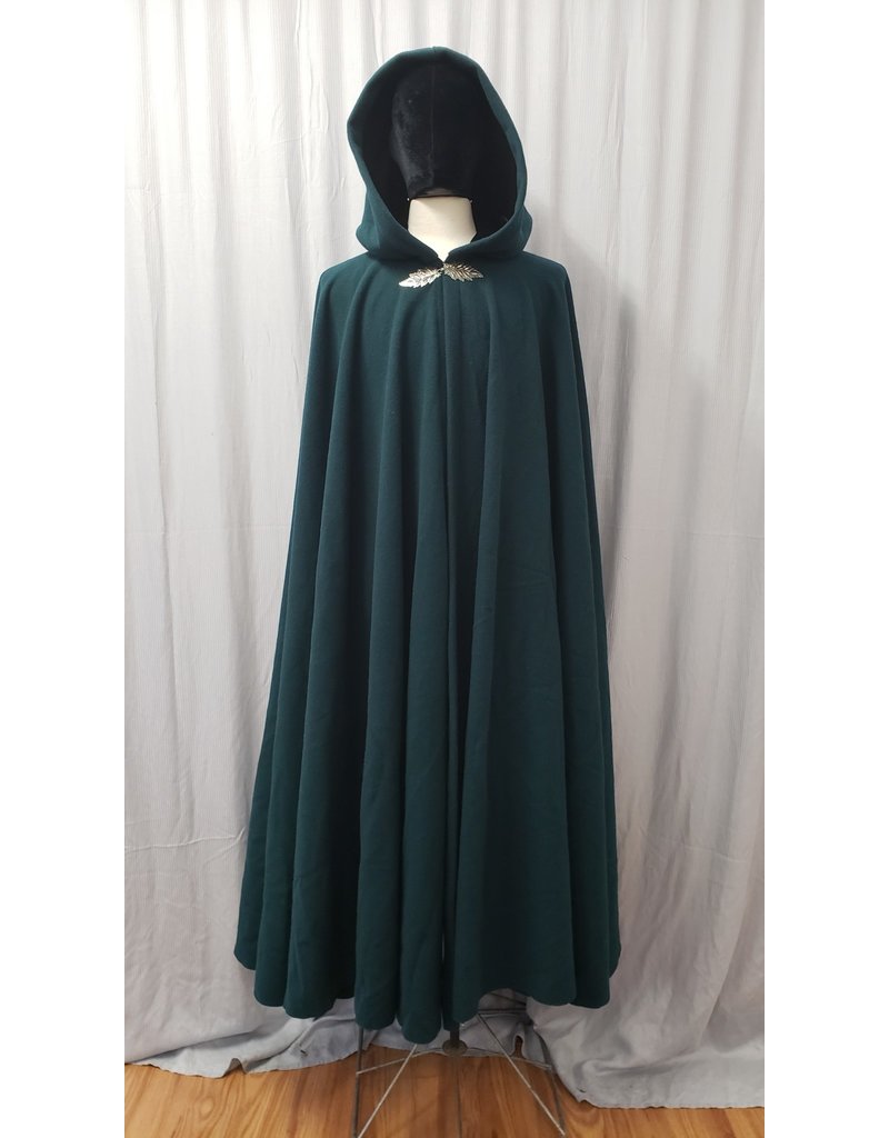 Cloakmakers.com 4883 - Long Dark Teal Green Washable Wool Cloak, Black Hood Lining, Red Elm Clasp