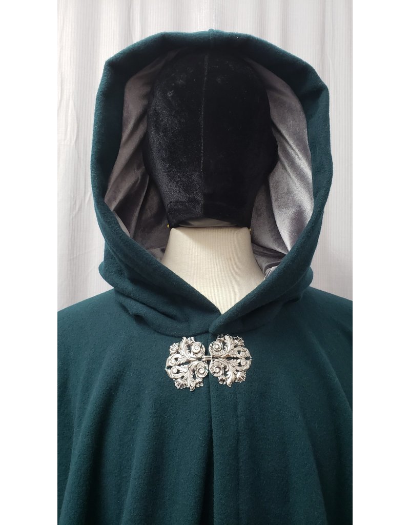Cloakmakers.com 4884 - Long Dark Teal Washable Wool Cloak, Silver Hood Lining, Leaf and Scroll Clasp