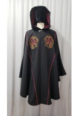 Cloakmakers.com 4885 - Black Wool Ruana with Dragon Embroidery, Pockets, Burgundy Hood Lining
