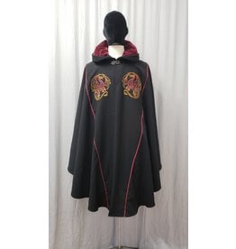 Cloakmakers.com 4885 - Black Wool Ruana with Dragon Embroidery, Pockets, Burgundy Hood Lining