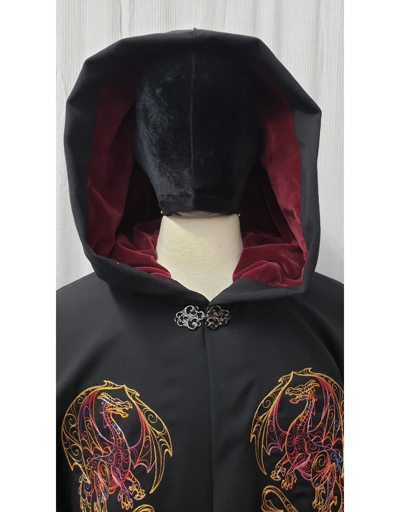 Cloakmakers.com 4885 - Black Wool Ruana with Dragon Embroidery, Pockets, Burgundy Hood Lining
