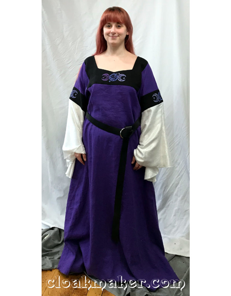 Cloakmakers.com G969 - Purple Linen Gown Dress with White Drapey Sleeves, Purple Triple Moon Embroidery and Black Applique