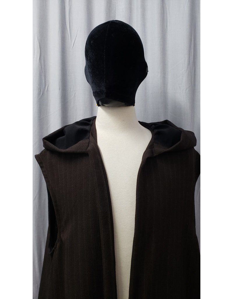 Cloakmakers.com J790 - Dark Brown Wool Hooded Vest w/ Black & Tan Pinstripes, Pockets, Black Hood Lining