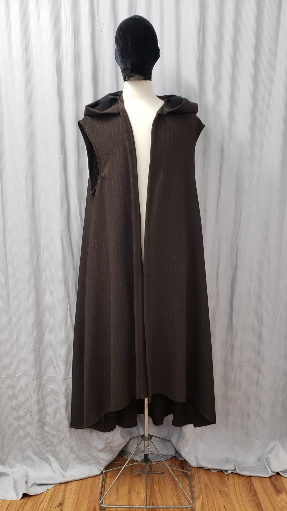 J790 - Dark Brown Wool Hooded Vest w/ Black & Tan Pinstripes