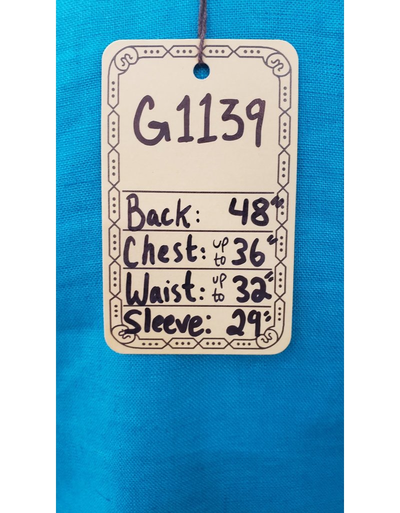 Cloakmakers.com G1139 - Teal Linen Gown w/ Black Embroidered Yoke, Waist Seam, Side Godets, Pockets