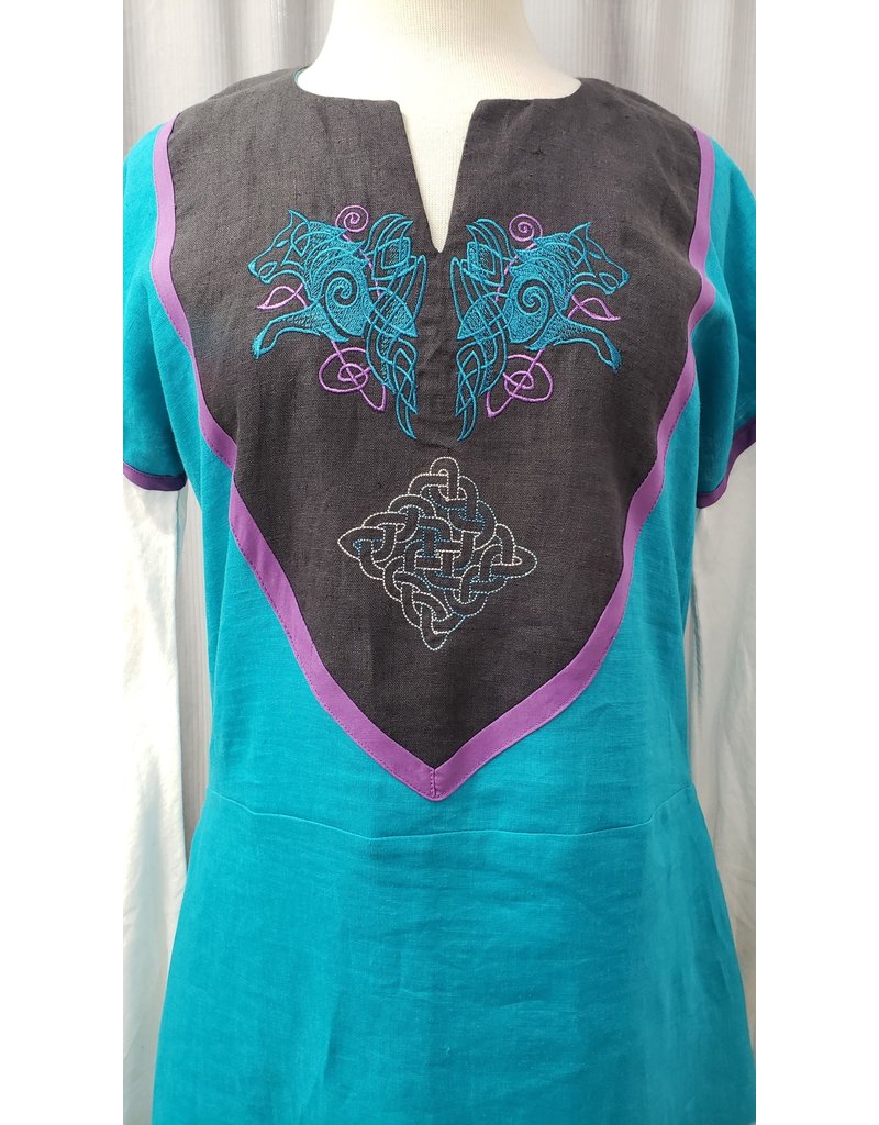 Cloakmakers.com G1139 - Teal Linen Gown w/ Black Embroidered Yoke, Waist Seam, Side Godets, Pockets