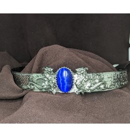 Cloak and Dagger Creations Circlet  - Wide with Blue Oval Stone and Flanking Dragons - Silvertone Plated
