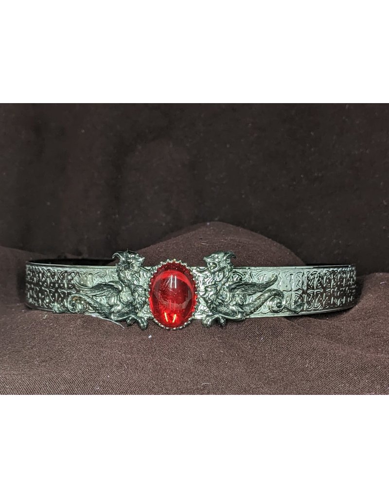 Cloakmakers.com Wide Celtic band w/Red Glass  & Wyverns, Silvertone plated