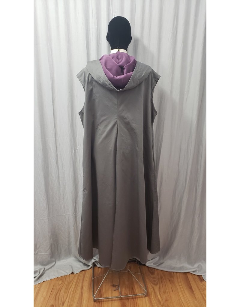 Cloakmakers.com J791 - Grey Cotton Hooded Vest w/ Pockets, Back Vent, Purple Hood Lining