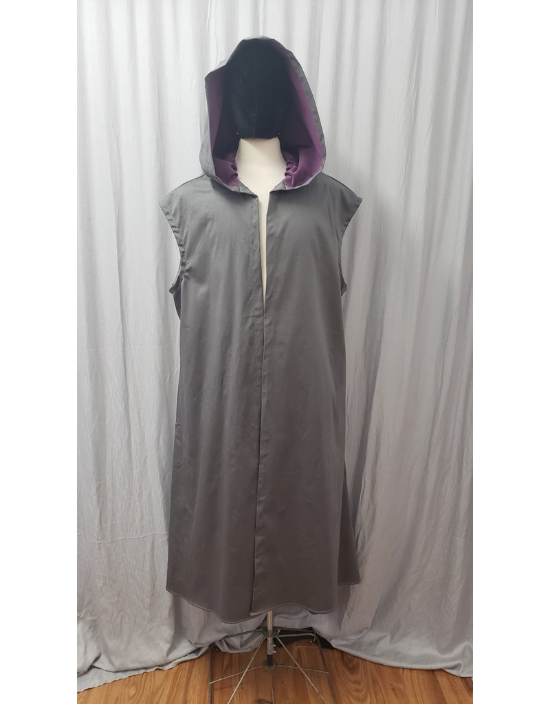 Cloakmakers.com J791 - Grey Cotton Hooded Vest w/ Pockets, Back Vent, Purple Hood Lining