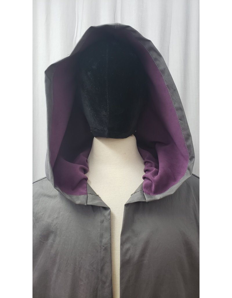 Cloakmakers.com J791 - Grey Cotton Hooded Vest w/ Pockets, Back Vent, Purple Hood Lining