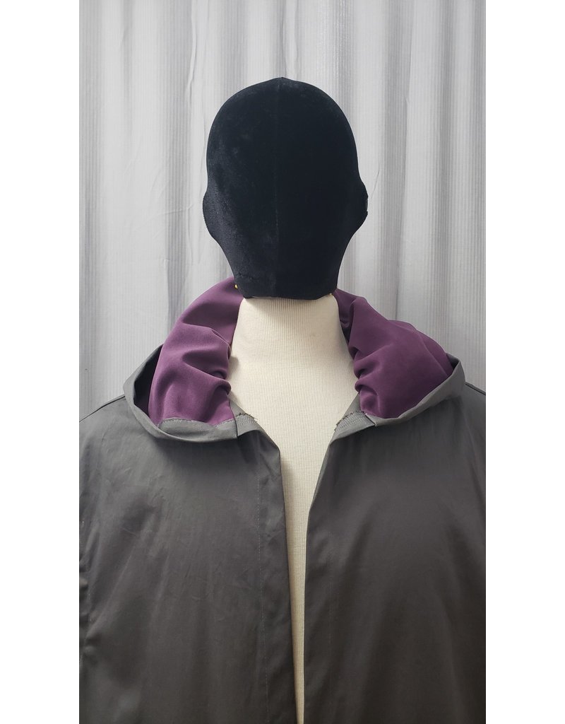 Cloakmakers.com J791 - Grey Cotton Hooded Vest w/ Pockets, Back Vent, Purple Hood Lining