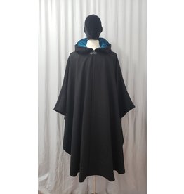 Cloakmakers.com 4904 - Black Shaped Shoulder Wool Ruana w/ Pockets, Teal Hood Lining