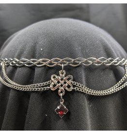 Cloak and Dagger Creations Arachne Circlet with Pictish Knot and Red Glass Diamond, Silvertone Plated