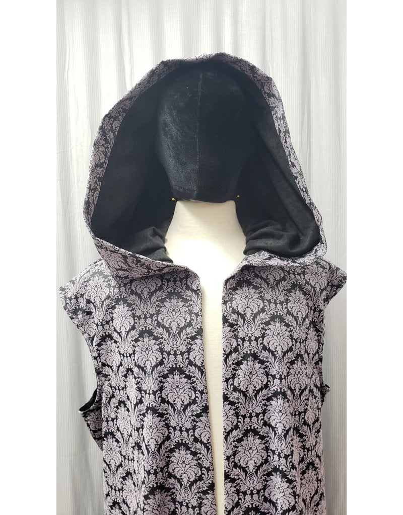 Cloakmakers.com J798 - Black and Lilac Stretch Damask Hooded Vest w/ Pockets, Back Vent